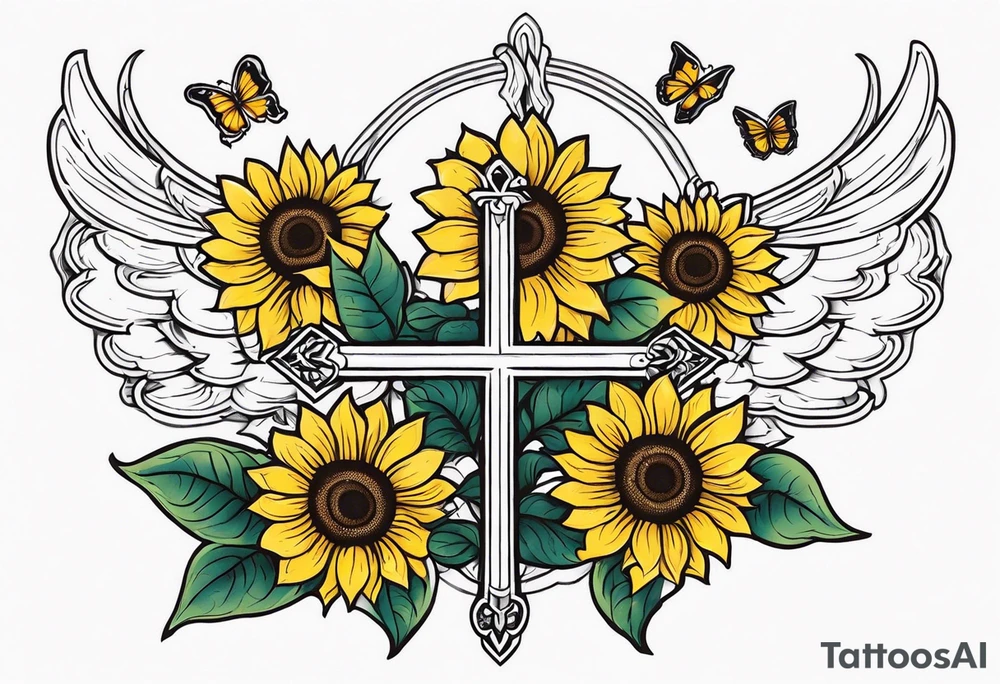 Winged cross with sunflower and butterflies tattoo idea