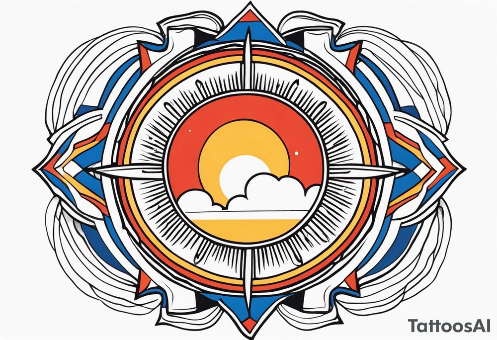 a simple red, blue, orange, and yellow sun solid colors and no faces tattoo idea