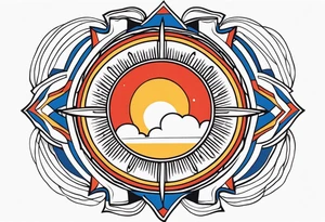 a simple red, blue, orange, and yellow sun solid colors and no faces tattoo idea