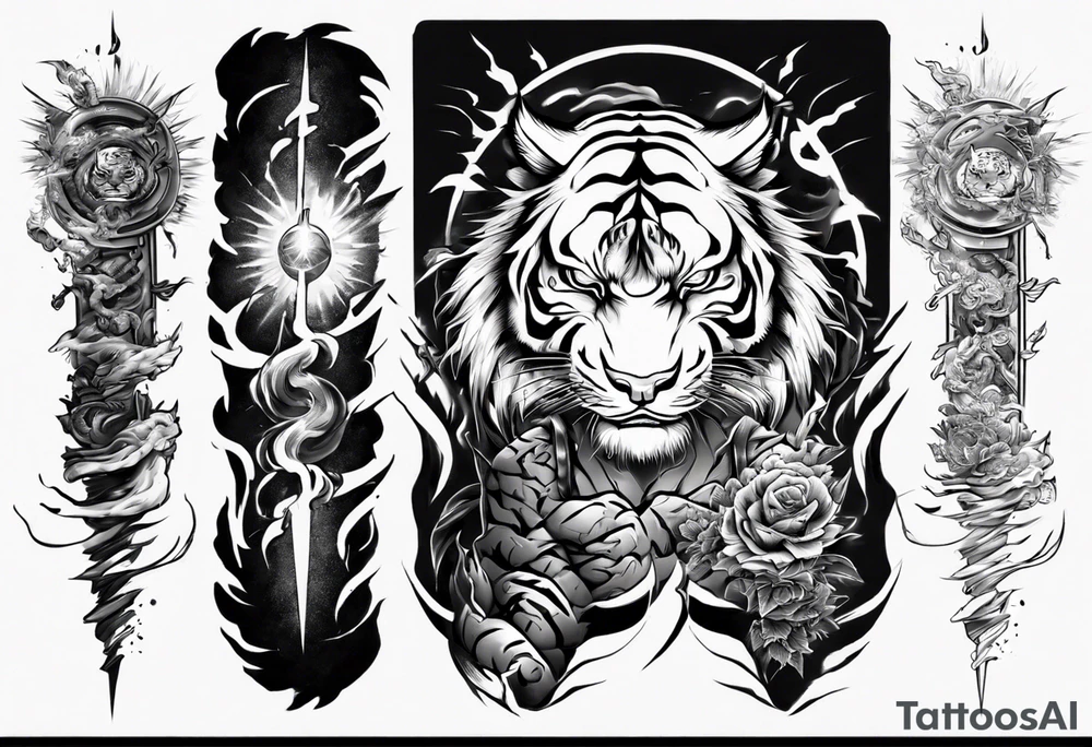 Tiger warrior with lightning and the sun for a forearm sleeve tattoo idea