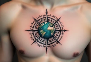 A small detailed Earth in rich cobalt and forest green floats inside a fine black geometric compass. tattoo idea