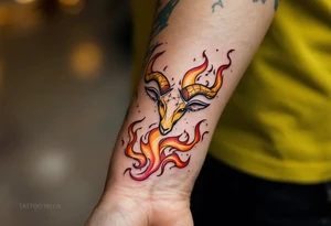 A dynamic Aries design frames the Aries star constellation in vibrant flame motifs of orange, red, and yellow. tattoo idea