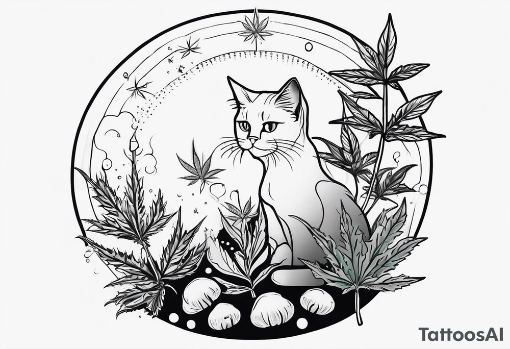 Cannabis plant with mushrooms pothos. A cat. Use negative space to show the sun. A cat, and crystals tattoo idea