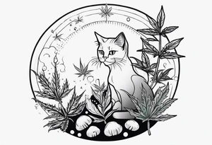 Cannabis plant with mushrooms pothos. A cat. Use negative space to show the sun. A cat, and crystals tattoo idea