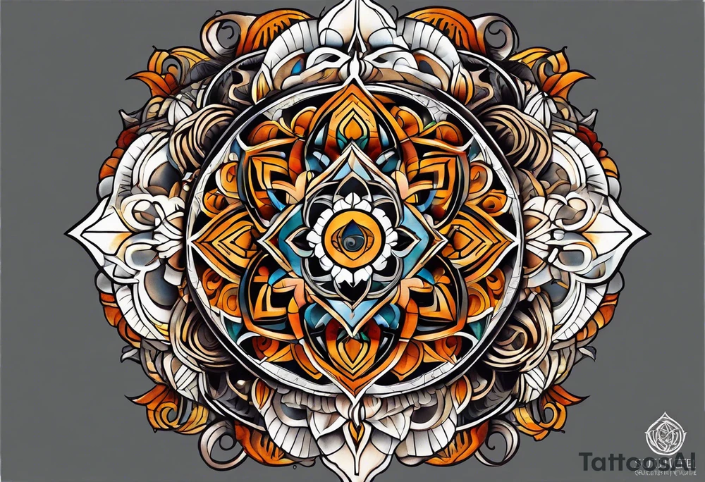 front knee tattoo with sacred geometry, swirls & washes, background and in fall colors tattoo idea