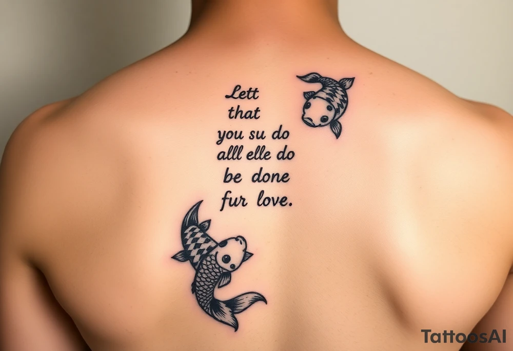 vertical verse going down the spine that says “ Let all that you do be done in love “ with two koi fish One on the Lower left of the verse and the other fish on the upper right of the verse tattoo idea