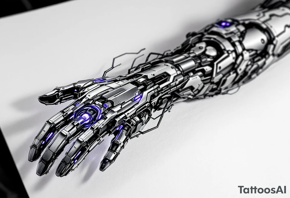 A biomechanical structure starting at the palm in brushed aluminum, surrounded by glowing violet circuitry and torn muscle detail. tattoo idea