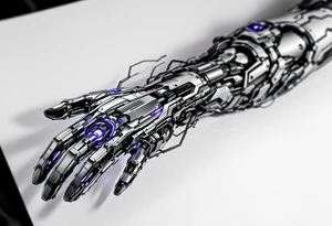A biomechanical structure starting at the palm in brushed aluminum, surrounded by glowing violet circuitry and torn muscle detail. tattoo idea
