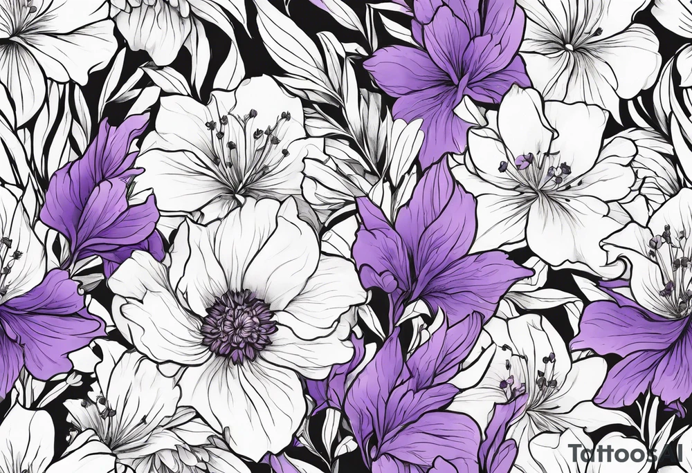 Simple Tattoo of florals of larkspur with stem, carnation with stem, violet, with stem, daisy with stem tattoo idea