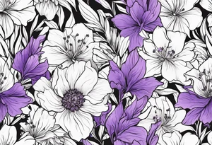 Simple Tattoo of florals of larkspur with stem, carnation with stem, violet, with stem, daisy with stem tattoo idea