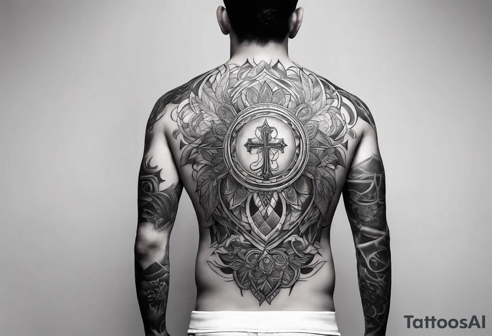 A simple tattoo that is placed on the upper back of a male. It should represent catholic religion, discipline, pain and the love to animals. tattoo idea