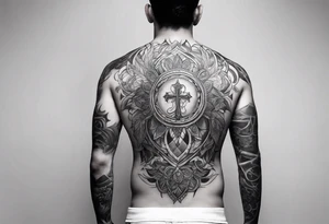 A simple tattoo that is placed on the upper back of a male. It should represent catholic religion, discipline, pain and the love to animals. tattoo idea