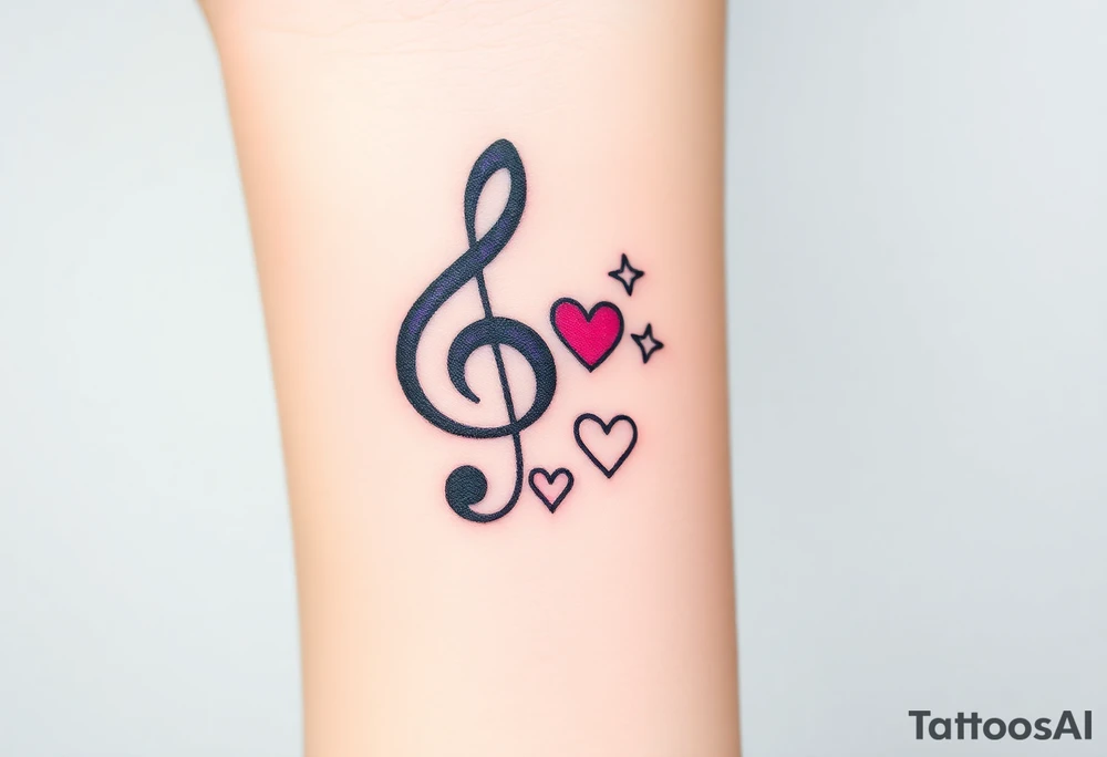 A swirl containing the Treble clef, book, dog paw, star, heart tattoo idea