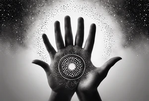 Adam's hands that create a galaxy in Dotwork style tattoo idea