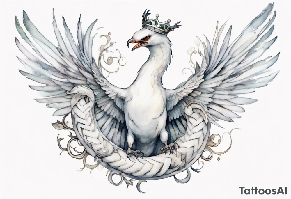 a white bird-serpent hybrid, wearing a small crown, flying in the air tattoo idea