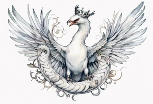 a white bird-serpent hybrid, wearing a small crown, flying in the air tattoo idea