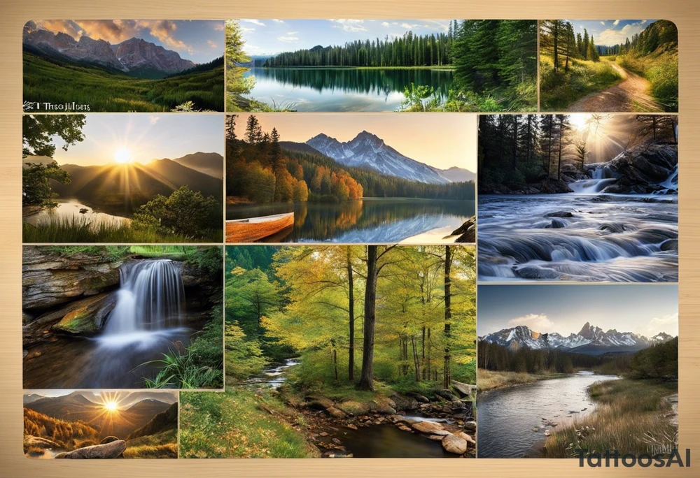 I want a tattoo with a realistic paw print, including lifelike texture and shading, especially on the nails. Inside the paw print, there's a detailed nature scene: mountains, a lake, a stream, and southern oak trees with wide canopies like a traditional southern background. Keep the peeks of the mountains soft. The sun peeks over the mountains, shining and reflecting over the land and water, with realistic shading for depth. Around the paw print, l'd like a splotchy, fading background for a natural, textured look, but without any animals. The overall style should be detailed and realistic, with strong shading and dimension. No color and very realistic in the paw. tattoo idea