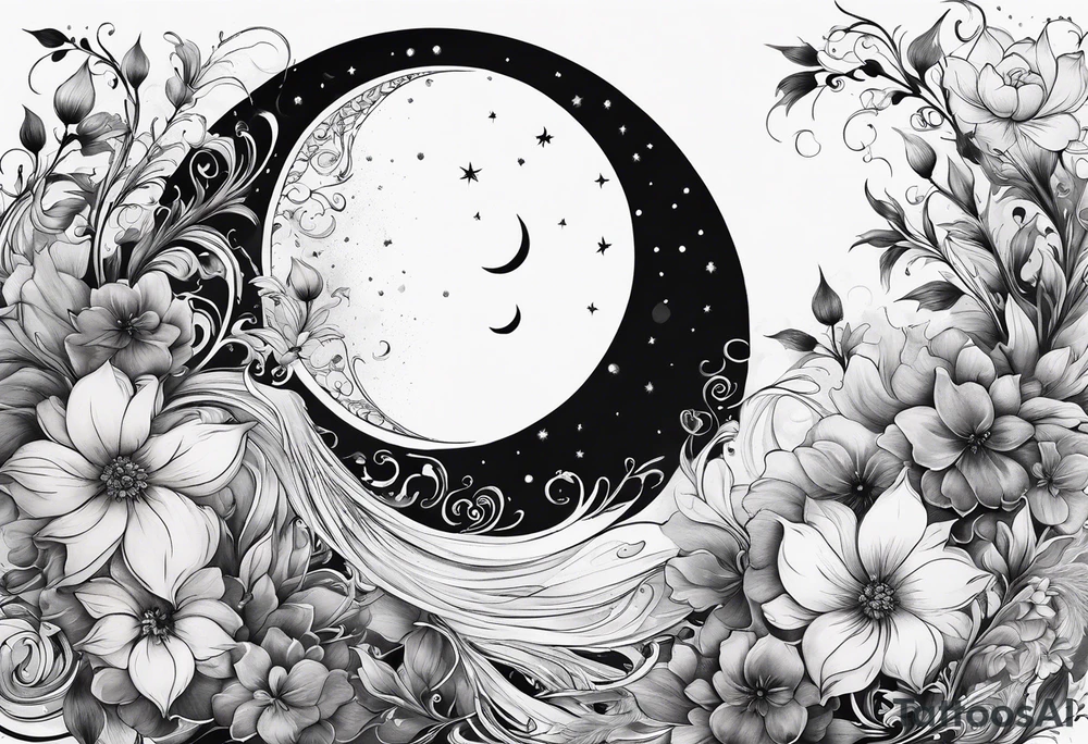 Crescent moon shrouded by beautiful flowers with wisps of mist tattoo idea