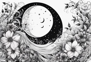 Crescent moon shrouded by beautiful flowers with wisps of mist tattoo idea