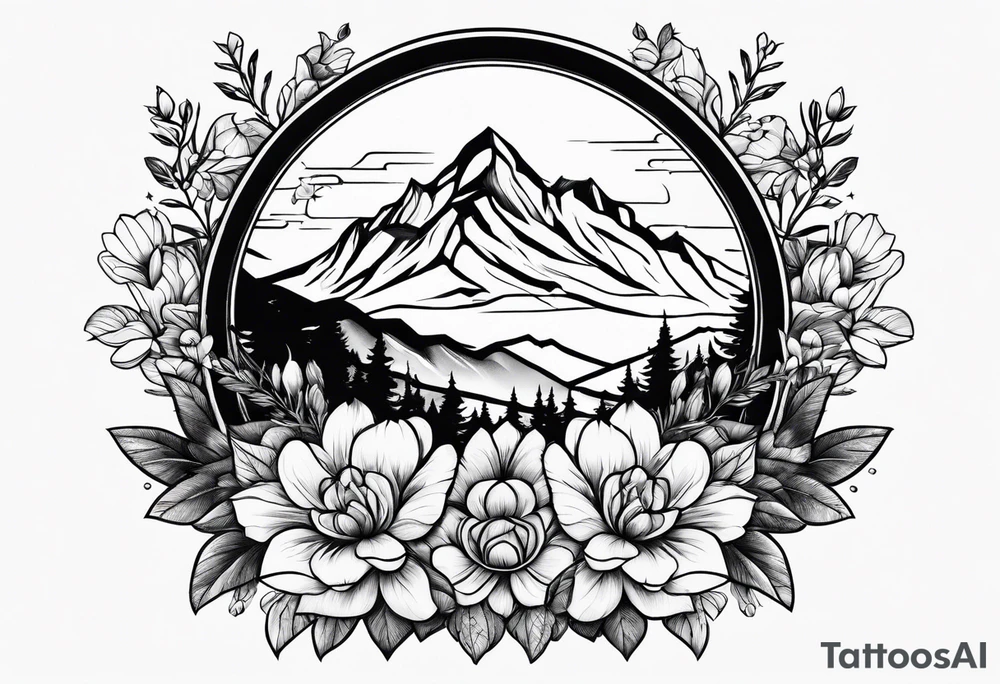 mountain with flowers tattoo idea