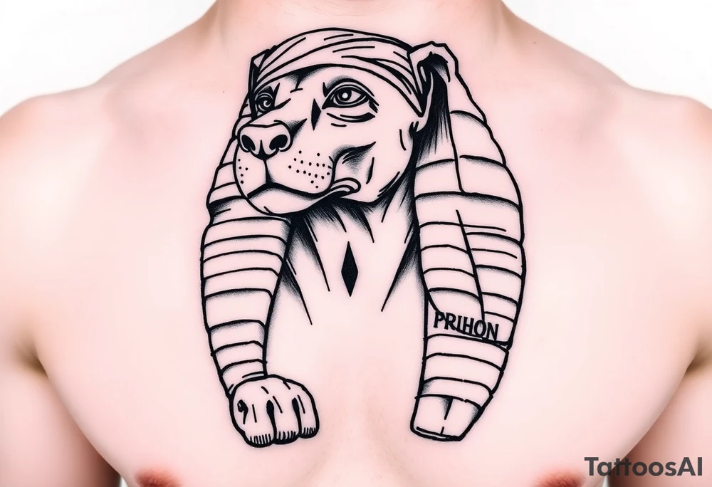 "Sphinx wearing a bandana, teardrop tattoo under its eye. 

Style: Prison tattoo meets hieroglyph carving. Black ink, chest piece." tattoo idea