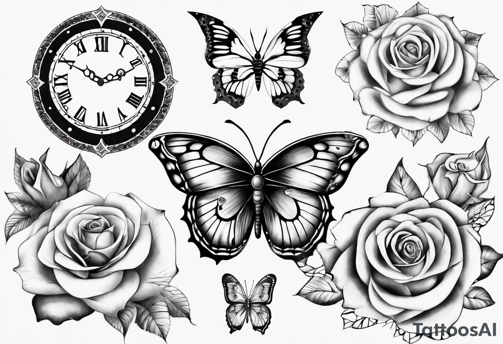 Baby name clock mandala rose butterfly tattoo idea