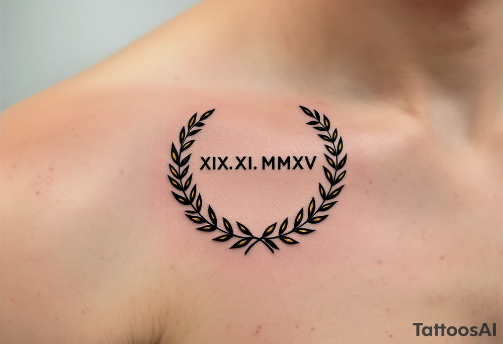 XIX.XI.MMXV in classic black on the upper thigh, encased in a gold laurel wreath symbolizing victory. tattoo idea