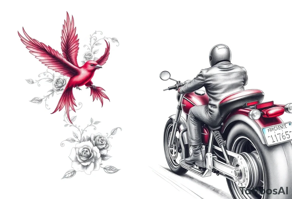Motorcycle driving away, two red birds flying, roses and lace, flames tattoo idea