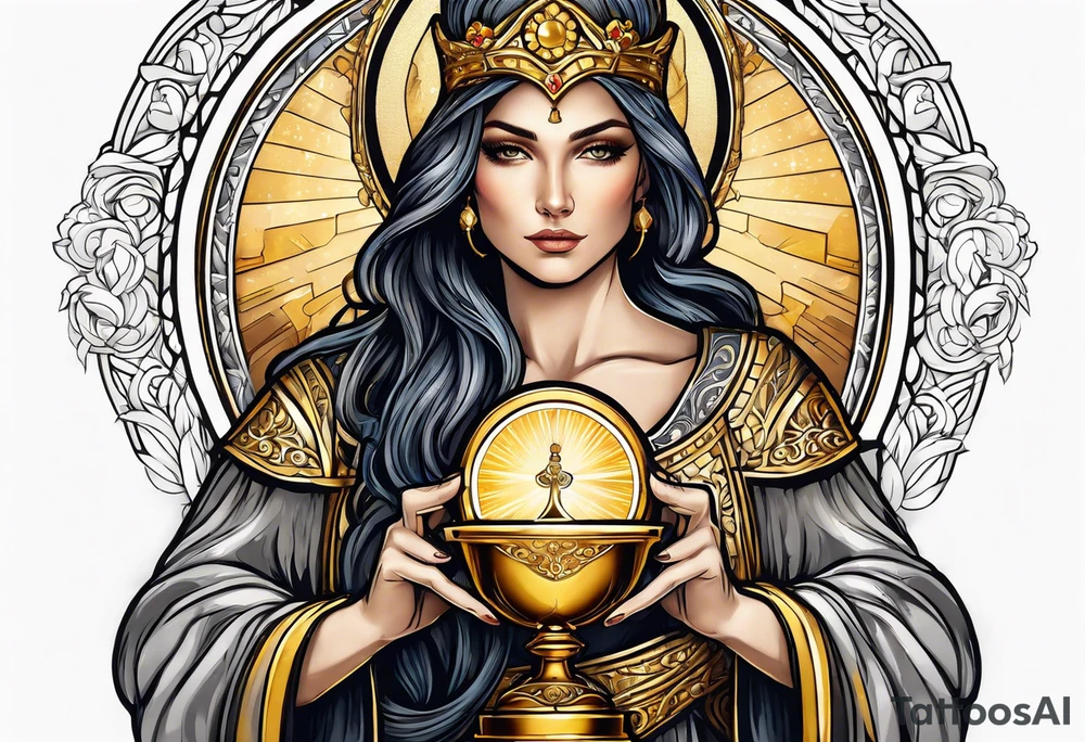 woman saint holding chalice surrounded by golden halo with a tower tattoo idea