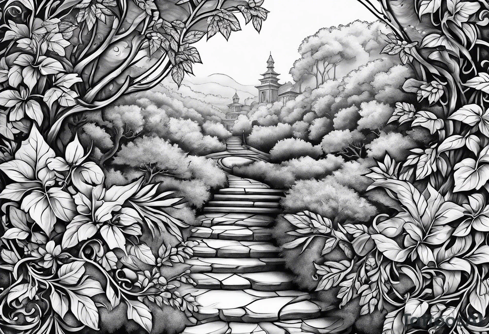 stone road leafy vines tattoo idea