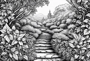 stone road leafy vines tattoo idea