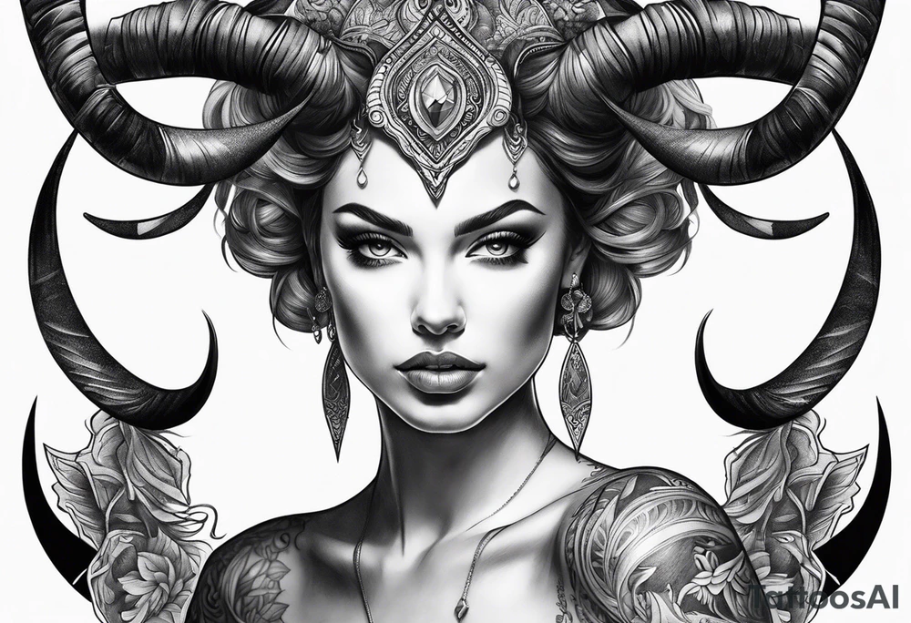 Dark realism beautiful woman looking
face forward with curved horns facing downwards tattoo idea