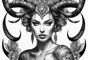 Dark realism beautiful woman looking 
face forward with curved horns facing downwards tattoo idea