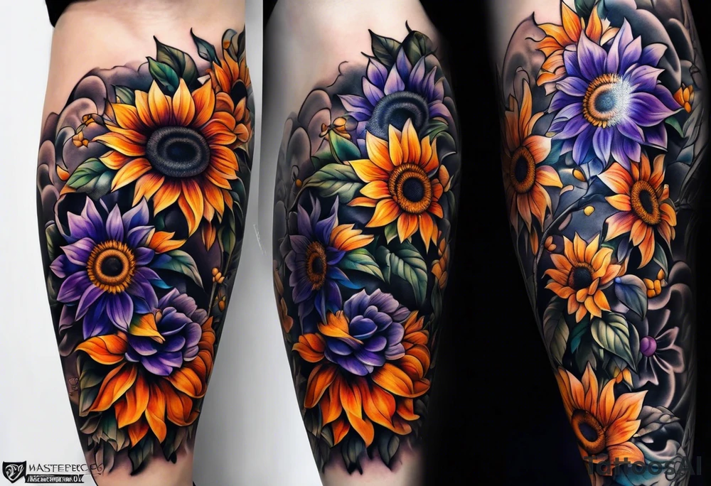 Full leg sleeve with purple, orange and blue sunflowers tattoo idea