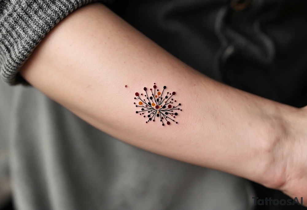 Cluster of tiny burgundy and ochre dots on the inner forearm – Organic, pollen-like design inspired by wildflowers. tattoo idea