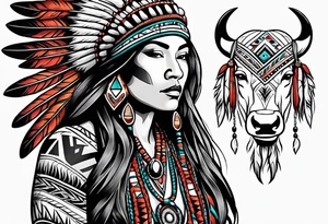 Native American woman spirit full body with buffalo blanket tattoo idea