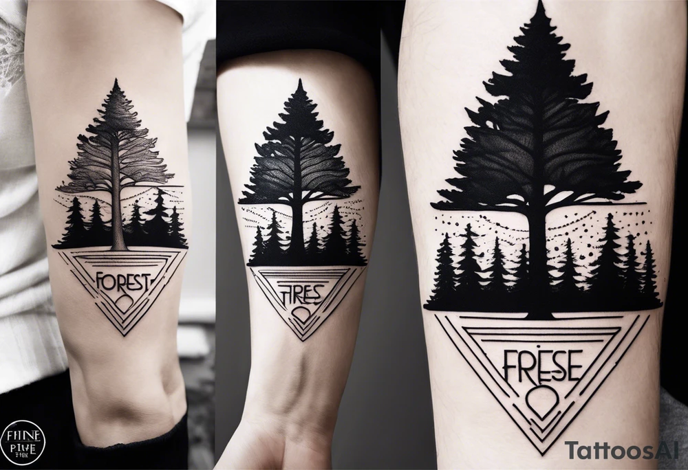 Tattoo with the words "see the forest for the trees" in any style font, around a tree in any way. black and white, tattoo, simple, elegant, pine tree, fine-line tattoo idea