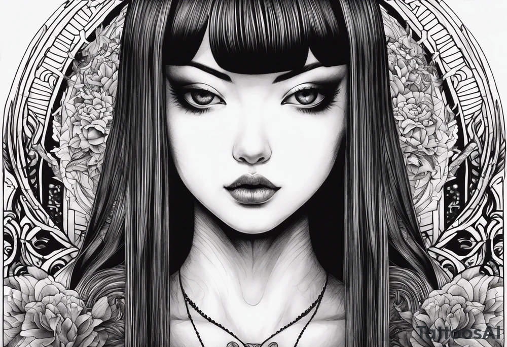 Une image style tattoo du personnage Tomie de Junji ito avec des détails lié a son univers sur les cotés comme des spira tattoo idea