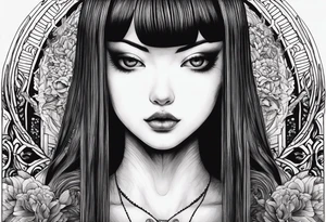 Une image style tattoo du personnage Tomie de Junji ito avec des détails lié a son univers sur les cotés comme des spira tattoo idea