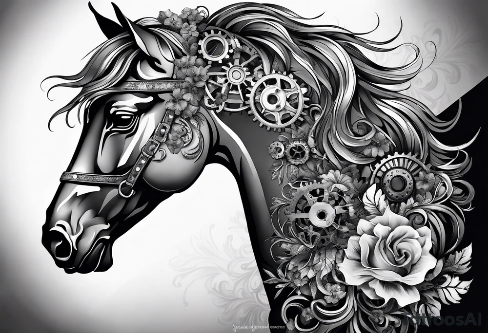 A horse head made fully out of gears. The horse's mane is made out of flowers tattoo idea