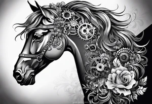 A horse head made fully out of gears. The horse's mane is made out of flowers tattoo idea