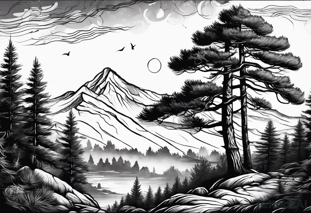 pine tree with bare branches tattoo idea
