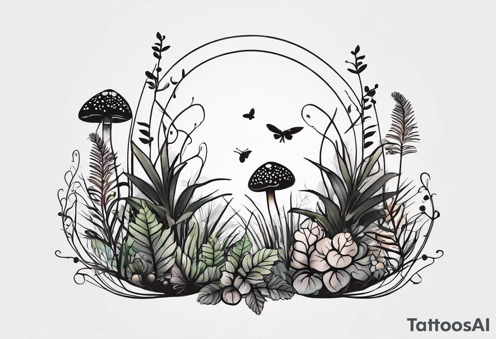 minimalistic forest floor inspired tattoo, which includes grass, curly ferns and dead leaves as the bulk of the tattoo. details to include: three  tiny strawberries, couple of very small brown mushrooms, a tiny bumblebee flying nearby tattoo idea