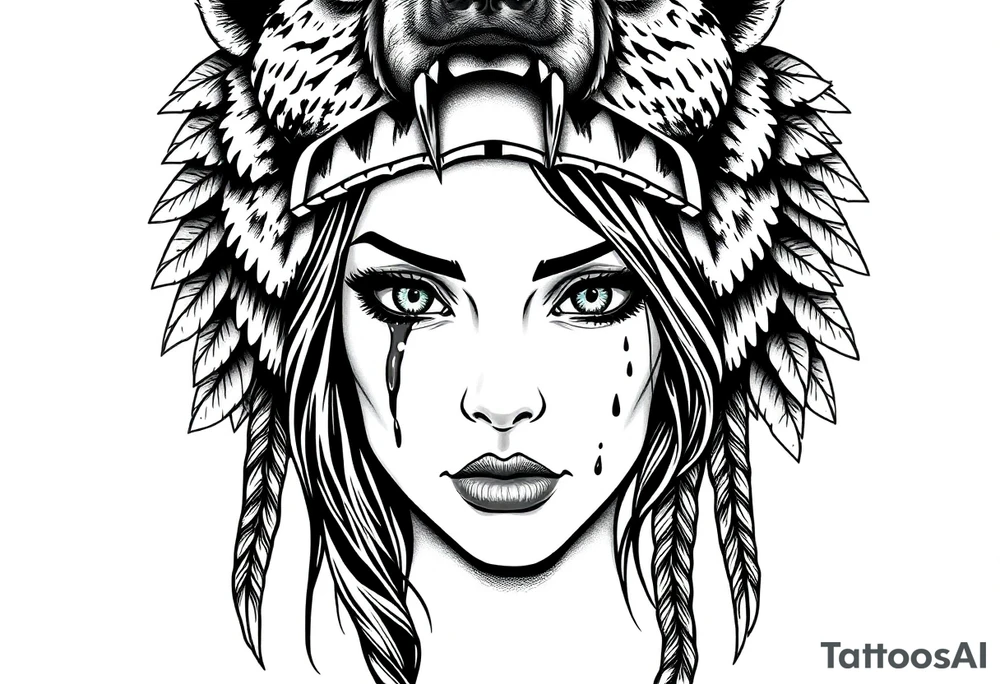 Symmetrical Beautiful Woman, looking forward, with colored eyes, shedding a tear, with battle scars and blood on face, wearing a mean looking bear headdress on head tattoo idea