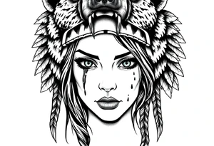 Symmetrical Beautiful Woman, looking forward, with colored eyes, shedding a tear, with battle scars and blood on face, wearing a mean looking bear headdress on head tattoo idea