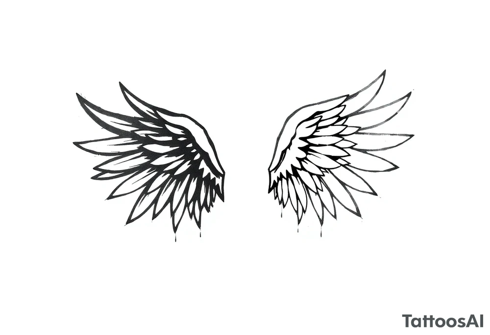 the wings go up

This tattoo design features a pair symmetrical angel wings drawn in black ink with a rough, sketch-like style. The left wing is darker, more defined, and appears denser, while the right wing is lighter, more delicate, and fragmented, creating a contrast between the two. The feathers are sharp and irregular, with fine lines and stray strokes extending outward, adding a raw and artistic feel. The overall look is dynamic and slightly chaotic, giving the impression of movement or an unfinished, ethereal form. This design symbolizes duality, freedom, transformation, or even struggle, making it a meaningful and visually striking tattoo. tattoo idea