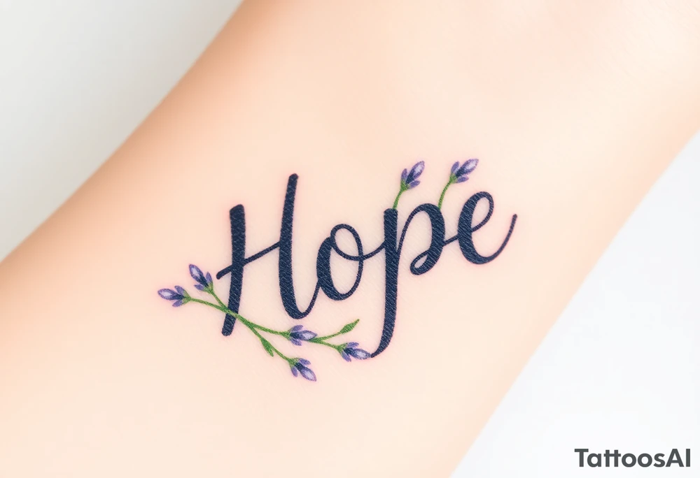 "Hope" shaped from intertwining lavender sprigs, in soft purples and greens, symbolizing serenity tattoo idea