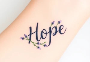 "Hope" shaped from intertwining lavender sprigs, in soft purples and greens, symbolizing serenity tattoo idea