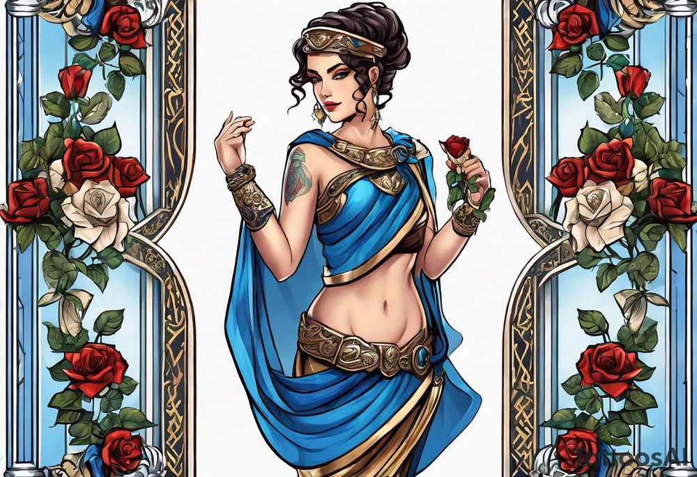 ancient rome clothes women, with scale in one hand, blue rose frames, justicia tattoo idea