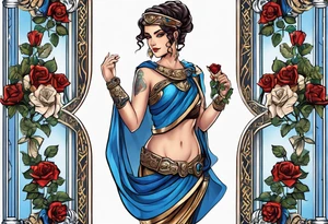 ancient rome clothes women, with scale in one hand, blue rose frames, justicia tattoo idea